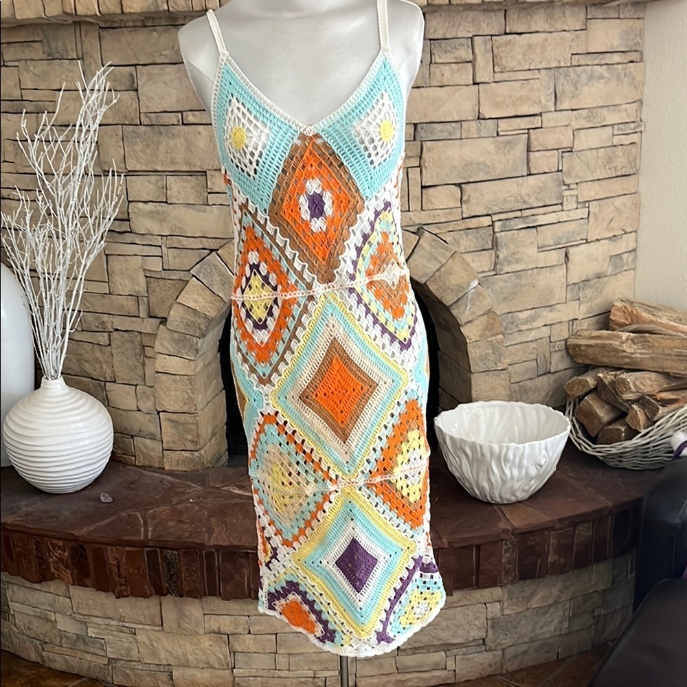 Angel Eye Colorful Crochet Patchwork Dress Size M